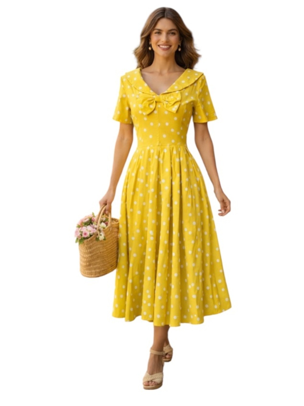 Gown Town Yellow Polka Dot Dress Size S Retro Fit & Flare Bow Bright Neon